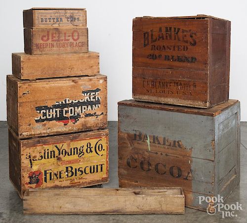 Eight wooden advertising shipping boxes, ca. 1900, largest - 21 1/2'' h., 21'' w.