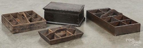 Three primitive pine divided carriers, ca. 1900, largest - 19 1/4'' w.