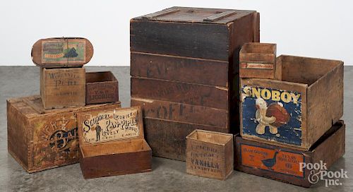 Nine wooden advertising shipping boxes, ca. 1900, largest - 19'' h., 26 1/2'' w.