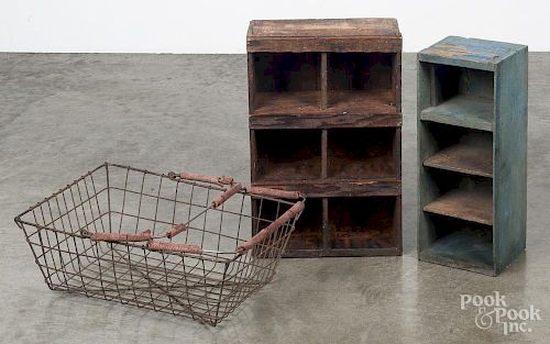 Two primitive wooden divided boxes, ca. 1900, made from shipping crates, 19 1/2'' h.