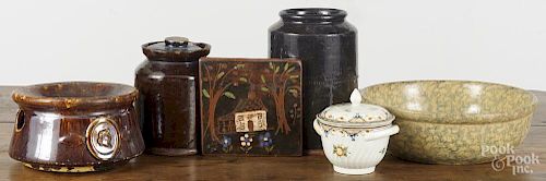 Earthenware, 19th/20th c., to include two redware storage jars, a Rockingham type spittoon