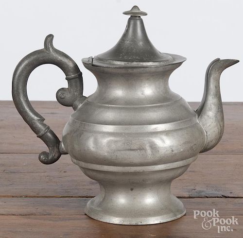 Attributed to Daniel Curtiss, Albany, New York, American pewter teapot, ca. 1840, 9'' h.