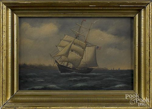 Primitive oil on canvas of an American sailing vessel, 19th c., signed faintly verso, 9'' x 13''.