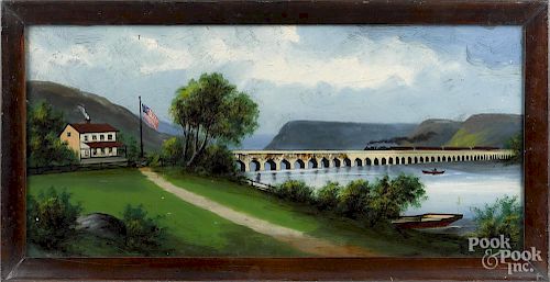 Victorian reverse painted landscape with a train bridge, 14'' x 29 1/2''.