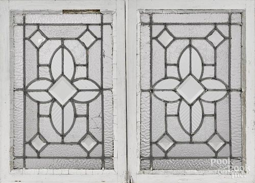 Pair of leaded glass windows, ca. 1900, overall - 20'' x 14''.