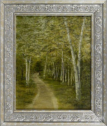 A. Russell Smith (American mid 20th c.), oil on board of a wooded landscape, signed lower right