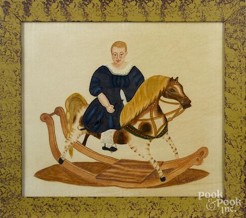 Bill Rank (American 1921-2000), oil on velvet theorem of a boy and hobby horse, signed lower right