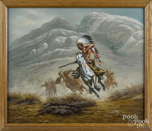 Robert Leer (American 20th/21st c.), oil on canvas of a Native American on horseback, signed