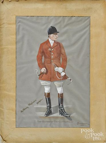 Watercolor and gouache of a gentleman in fox hunting attire, titled The Master of the Cattistock