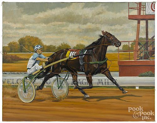 Philip Berkeley (American 20th/21st c.), oil on canvas racing sulky, signed lower right, 22'' x 28''.