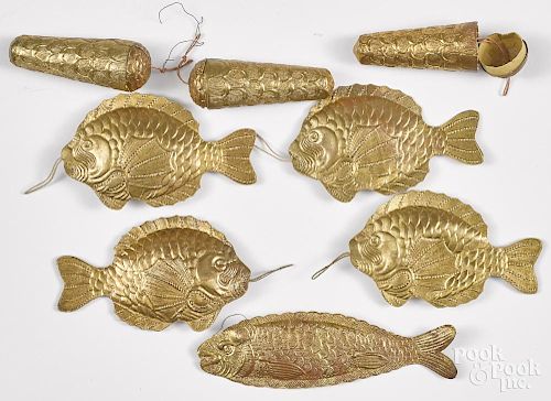 Five Dresden fish Christmas ornaments, together with three lidded pine cones, largest - 6 1/2'' l.