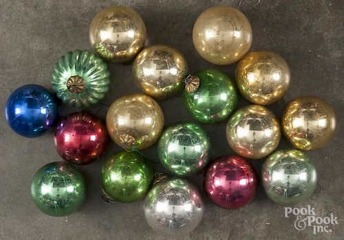 Seventeen German glass Kugel Christmas ornaments, ca. 1900, to include one green ribbed example