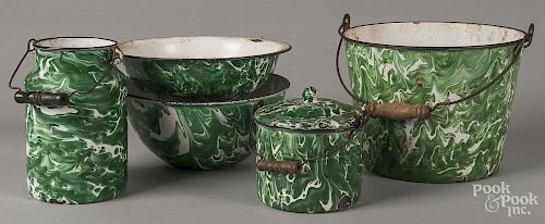 Five pieces of green and white graniteware, 20th c., to include a bucket, a lidded pail