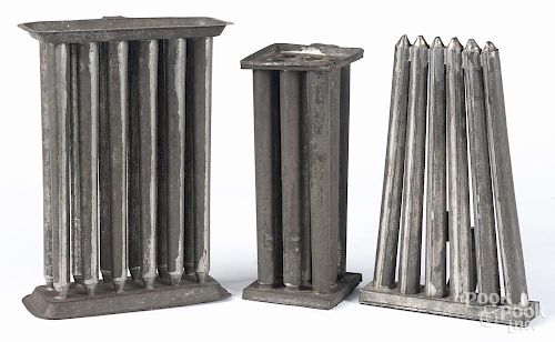 Three tin candle molds, 19th c., tallest - 11''.