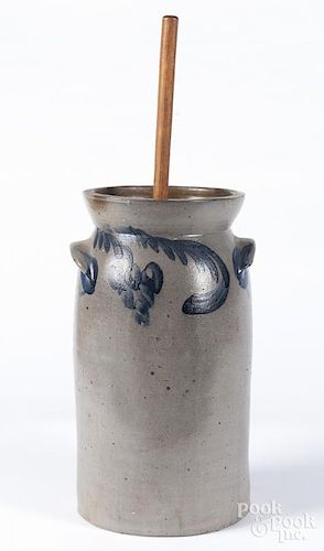 Pennsylvania three-gallon stoneware churn, 19th c., with a cobalt floral band around the shoulder