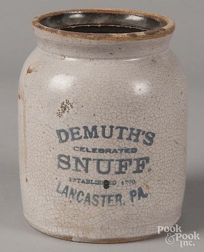 Demuth's Snuff Lancaster PA. stenciled stoneware jar, 19th c., 6 1/2'' h.