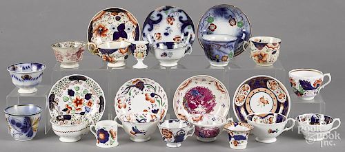 Seven Gaudy Welsh teacups and saucers, patterns to include Grape, Serenade, Playfellow
