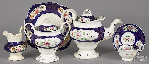 Six-piece Gaudy Welsh partial tea service in the Feather pattern, to include a teapot