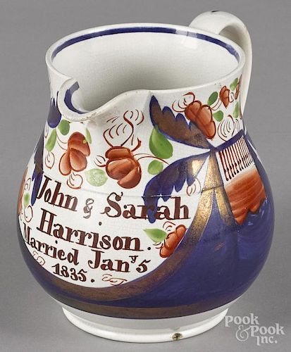 Gaudy Welsh marriage pitcher in the Ross pattern, 19th c., inscribed John & Sarah Harrison.