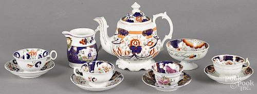 Gaudy Welsh associated tea service, to include a vine pattern teapot, a chinoiserie creamer