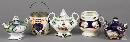 Four Gaudy Welsh covered sugars, patterns to include Abutilon, Tibet, and Boyer
