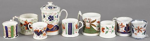 Nine assorted Gaudy Welsh mugs and tea cups, to include a covered Forget Me Not mug, 6 1/4'' h.