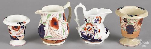 Two Gaudy Welsh Pot de Fleur vases, 5 3/4'' h. and 4 1/2'' h., together with two Pot de Fleur pitchers