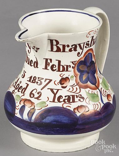 Gaudy Welsh pitcher, 19th c., with a memorial inscription reading Mary Brayshaw Died Febr'y 3 1837