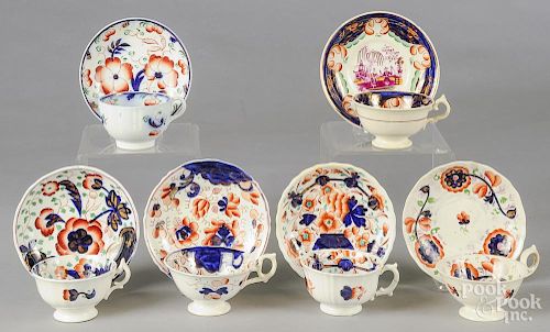 Six Gaudy Welsh teacups and saucers, patterns to include Poppy, Welsh War Bonnet, Caerleon