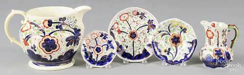 Five pieces of Gaudy Welsh in the Sunflower pattern, to include a pitcher, a creamer