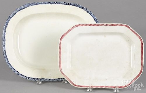 Two Leeds pearlware platters, 19th c., one with a blue feather edge, 16 1/2'' w.