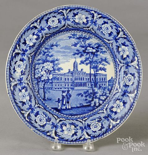 Staffordshire historical blue transfer plate, 19th c., with City Hall New York scene, 10'' dia.