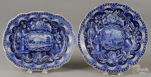 Clews Staffordshire historical blue transfer plate, 19th c., with America and Independence scene