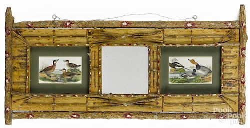 Adirondack style twig frame with a central mirror flanked by two duck prints, 18'' x 37''.