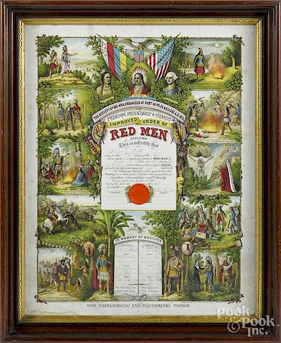 Lithograph diploma for The Society of Red Men, printed by Joseph Adams, 1910, 25'' x 19''.