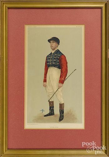 Three Vanity Fair jockey lithographs, by Vincent, Day, & Son, 13 1/2'' x 8''.