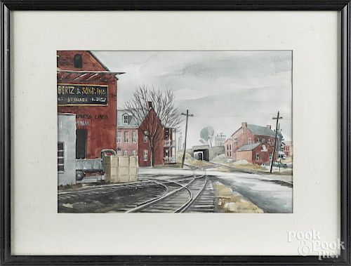 Joann Hensel (American 20th c.), watercolor, titled Tracks Over West Lemon Street, signed