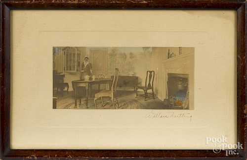 Two Wallace Nutting signed enhanced photograph interior scenes, 2 1/2'' x 4 3/4'' and 3'' x 6 3/4''.