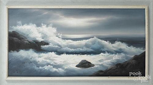 Oil on canvas coastal scene, signed Rick ____'77, 18'' x 36''.