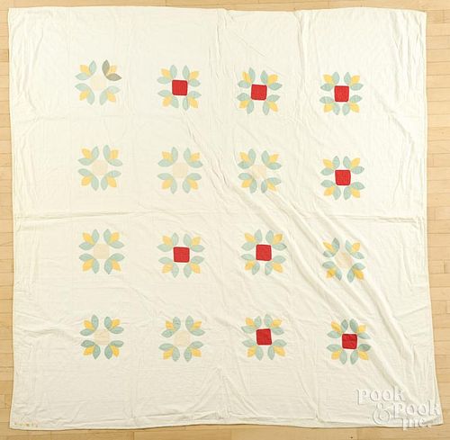 Pennsylvania patchwork honeybee variation quilt, early 20th c., with embroidered signature