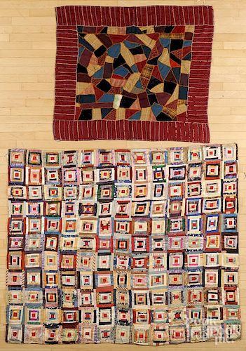 Patchwork crazy crib quilt, late 19th c., 42'' x 46'', together with a silk log cabin variant quilt