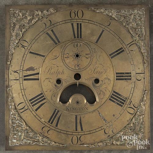 Brass clock face, 19th c., inscribed Ralph Layer - Kington, 12'' x 12''.