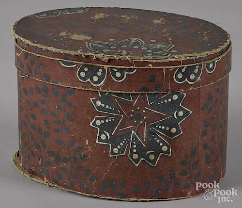 Wallpaper dresser box, 19th c., with floral and foliate decoration on a red background, 5 1/4'' h.