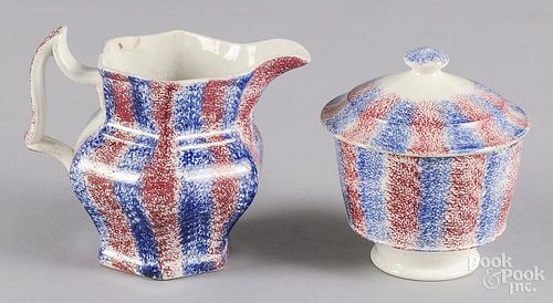 Red and blue rainbow spatter sugar and creamer, 19th c., creamer - 5'' h.