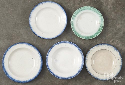 Five Leeds pearlware feather edge cup plates, 19th c., largest - 4 1/4'' dia.
