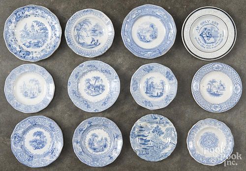Twelve blue transfer cup plates, 19th c., including one ABC plate, largest - 4 3/4'' dia.