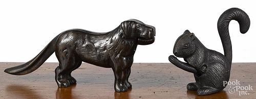 Cast iron figural dog nutcracker, early 20th c., 11 1/2'' l., together with a reproduction squirrel
