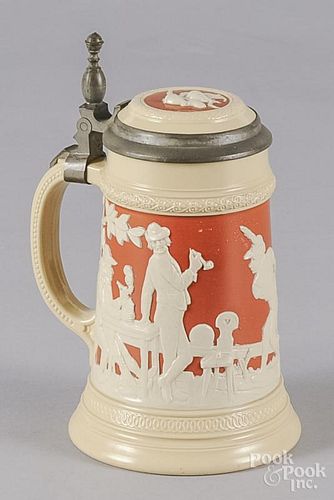 Mettlach cameo stein, 20th c., #2182, with an image of lawn bowling, 7 3/4'' h.