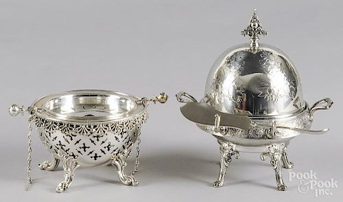 Two silver-plated covered butter dishes, late 19th c., 8 1/2'' h. and 6 1/4'' h.