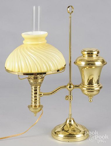 Manhattan Brass Co. brass student lamp, 19th c., with a yellow swirl shade, 21 1/2'' h.